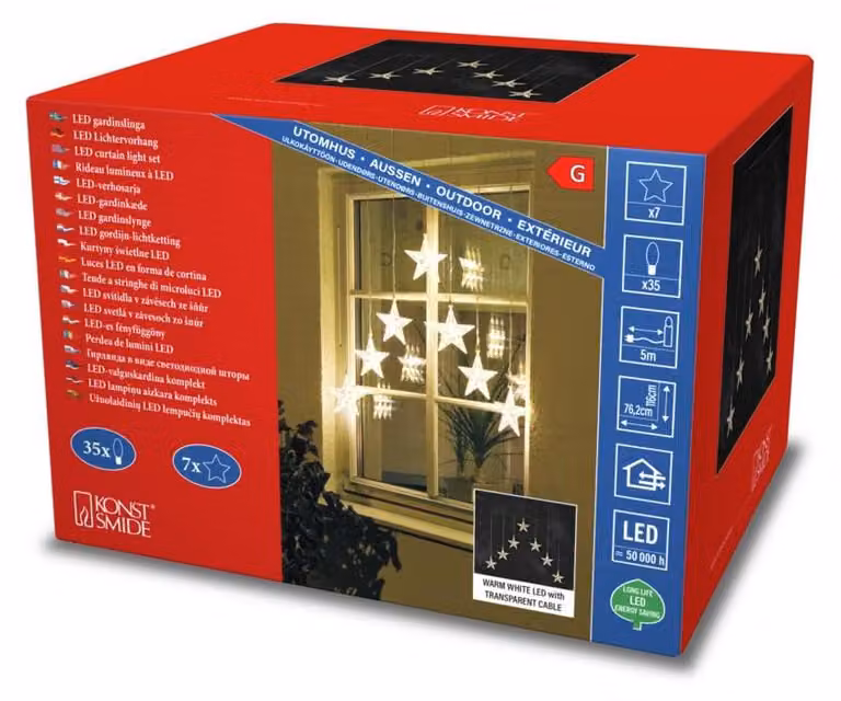 Tenda luminosa a LED con 7 stelle, grado di protezione IP44, 35 LED bianco caldo, cavo da 5 metri