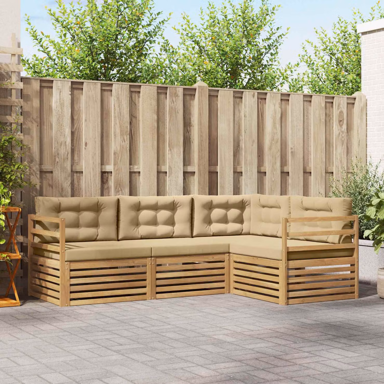 Set di divani da esterno vidaXL 4 pezzi in legno di acacia con cuscini, Bianco, Beige e Marrone
