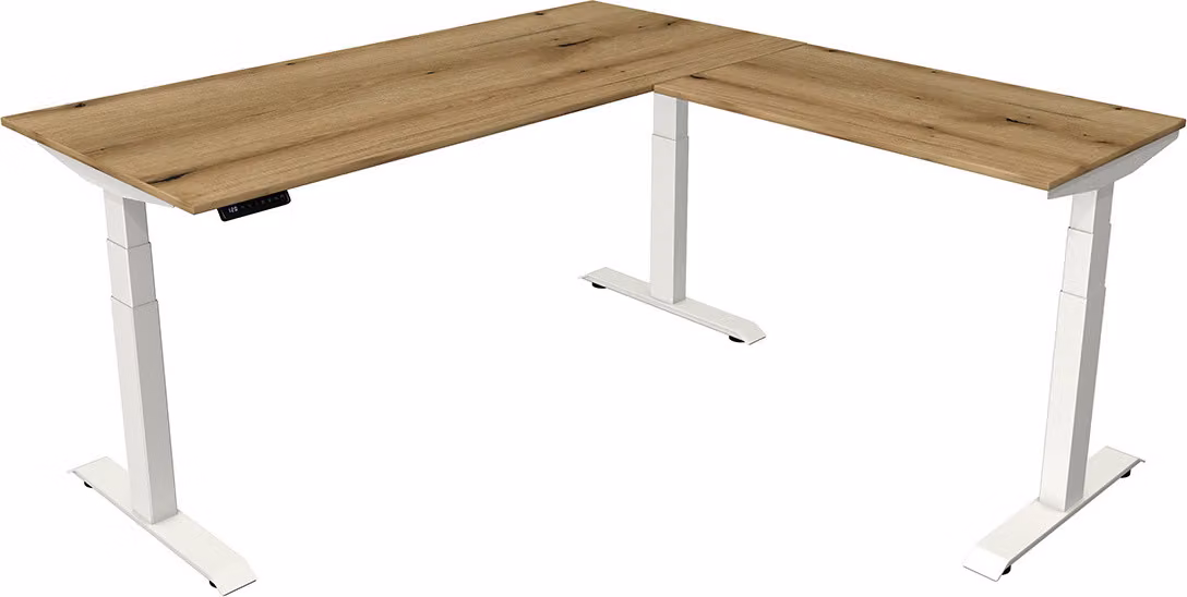 Scrivania Kerkmann Move 4 regolabile in altezza elettricamente, in rovere rettangolare, con base a T bianca, 180,0 x 180,0 cm