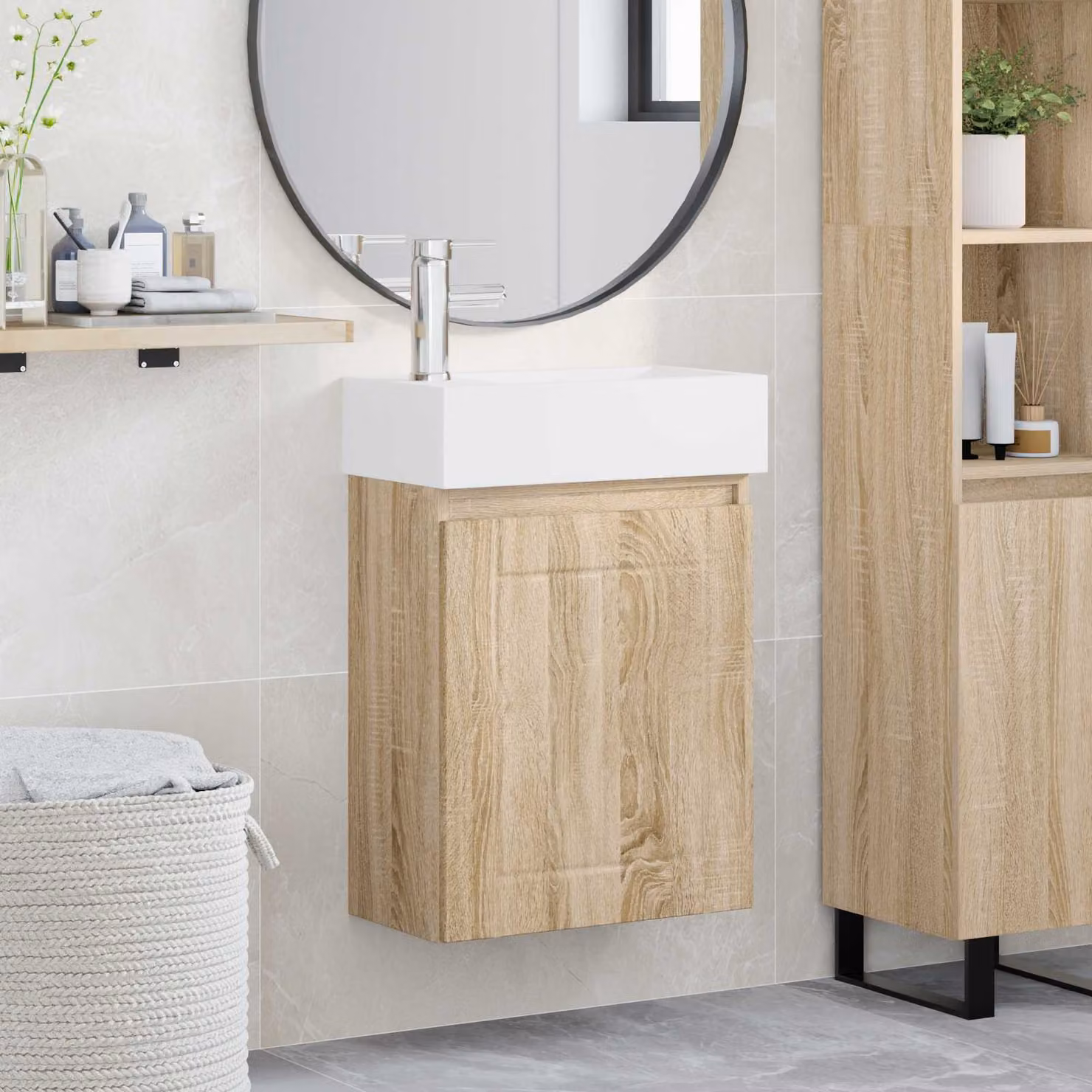 Mobile bagno con rubinetto vidaXL in Rovere Sonoma, colore marrone, L: 45,5 cm, P: 25,5 cm, H: 84 cm