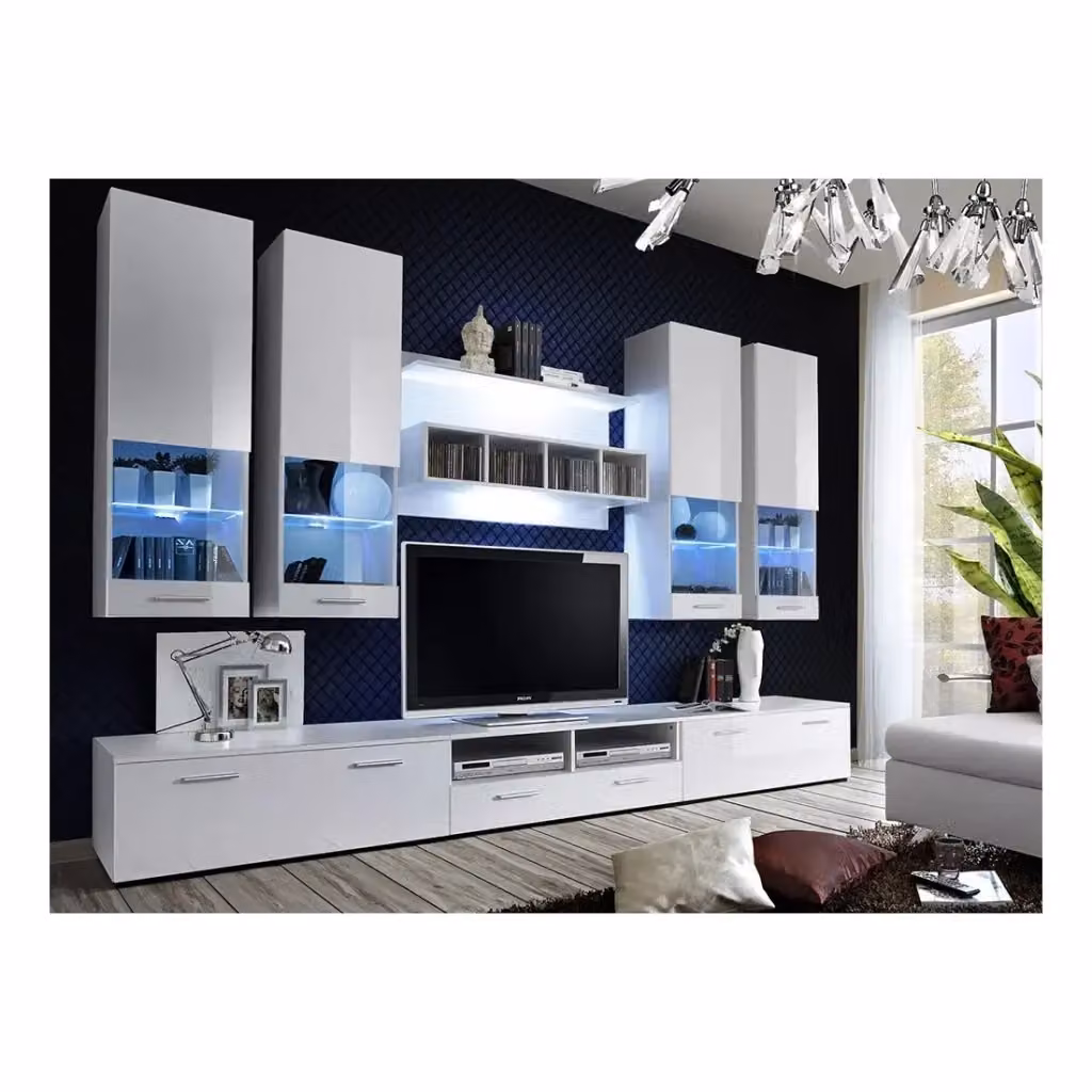 Composizione mobile TV design collezione SAGA Meublorama colore bianco glossy L: 300 cm, P: 45 cm, H: 190 cm – 2