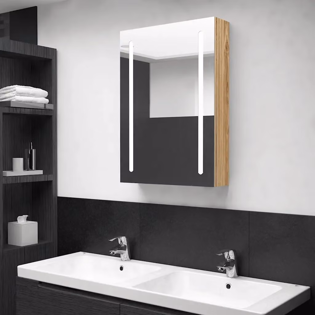 Armadietto da bagno moderno con specchio e illuminazione LED in rovere marrone, L: 50 cm, P: 13 cm, H: 70 cm – 2