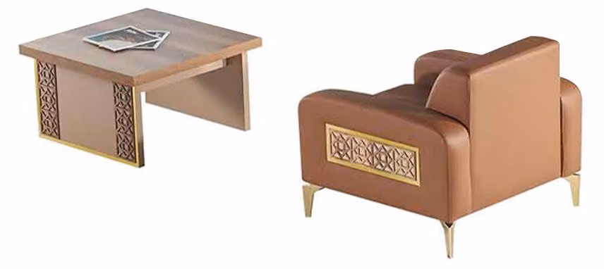 Sessel Couchtisch Set Braun Lehnsessel Quadratisch Leder Holz 1-Sitzer