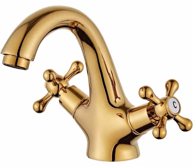 Miscelatore per lavabo a due maniglie, stile vintage, finitura dorata, con regolazione dell'acqua calda e fredda
