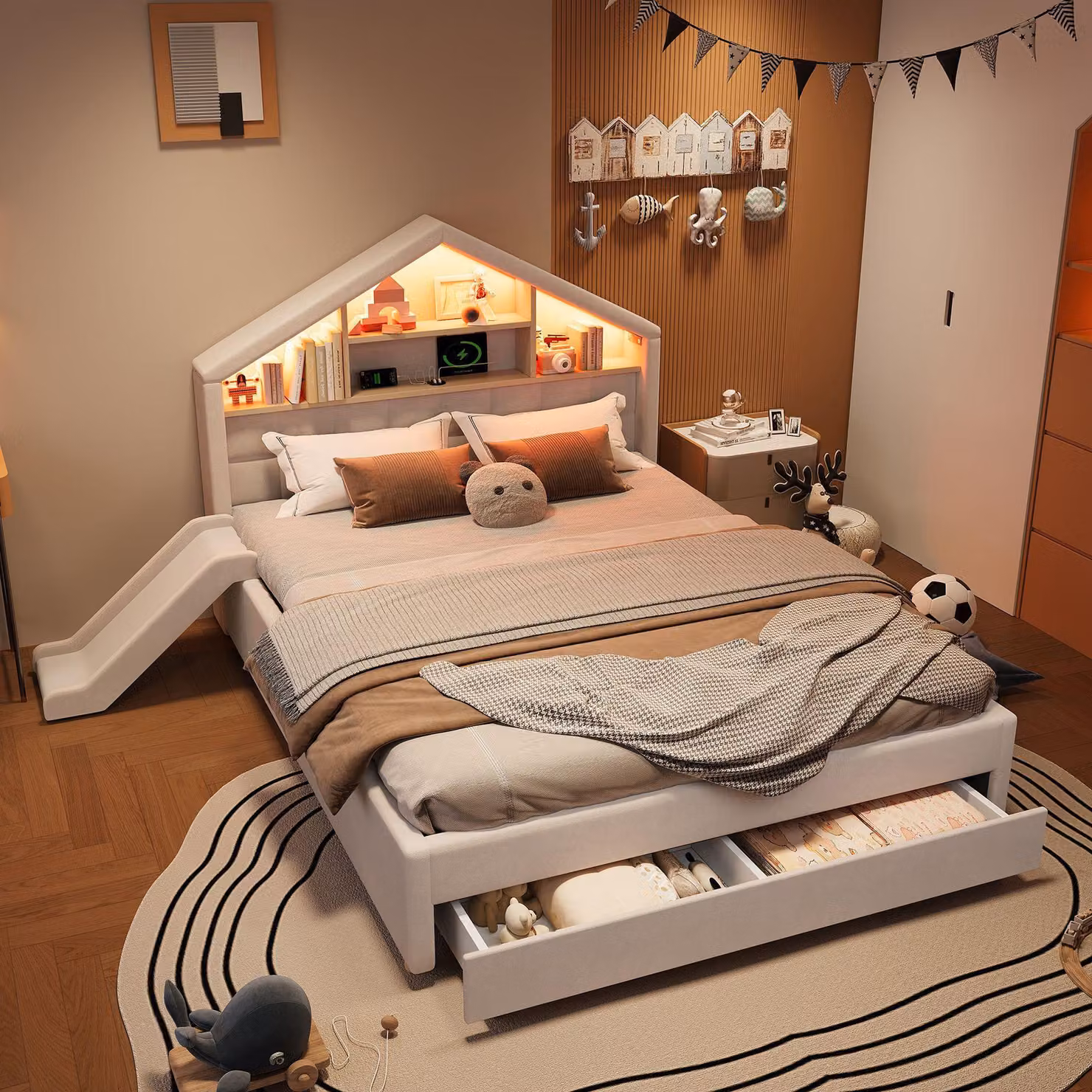 Letto imbottito Merax 140x200 cm con scivolo e spazio contenitivo, letto a forma di casetta con illuminazione LED, letto per bambini con presa di corrente, testiera con ripiano, rivestito in velluto, color beige