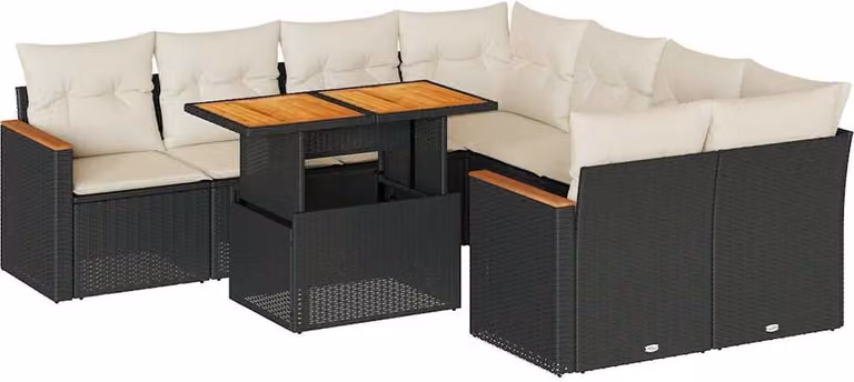 Set Divani da Giardino 9 pz con Cuscini Nero Polyrattan Acacia