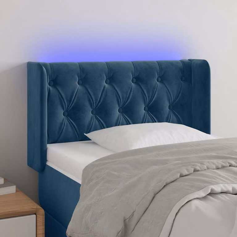 Testiera per letto vidaXL in velluto blu con illuminazione LED integrata e porta di ricarica USB, L: 83 cm, P: 16 cm, H: 78-88 cm
