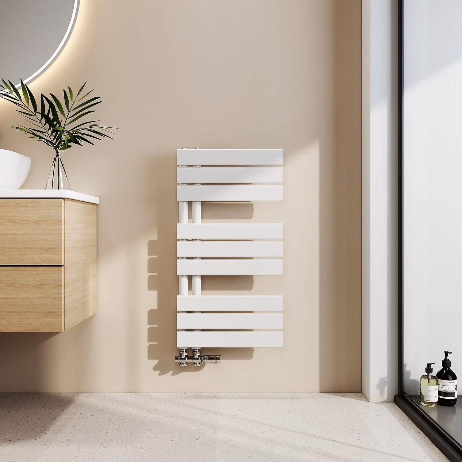 Asciugamani EMKE Radiatore da bagno Radiatore a pannello Collegamento laterale Montaggio a parete Acqua calda 762 x 400 mm Bianco senza elemento riscaldante