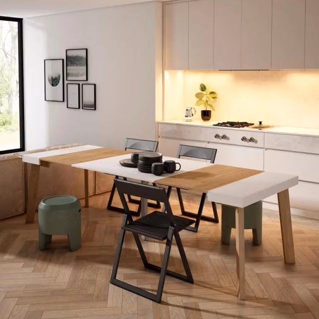 Consolle allungabile, 262x90x73cm, Per 12 persone, Gambe in legno, colore Rovere e bianco RF3081