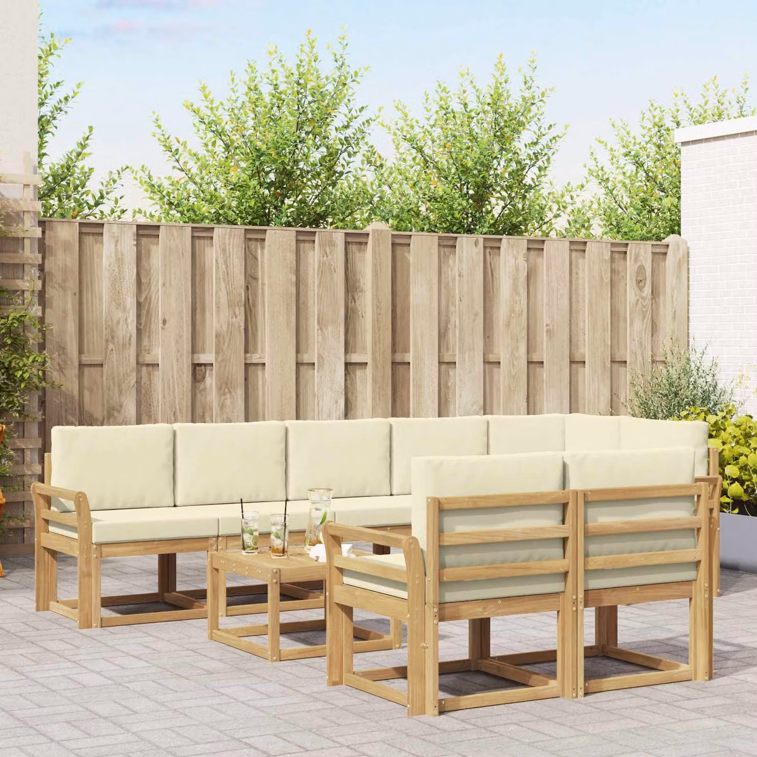 vidaXL Set di divani da esterno a L composto da 9 pezzi in legno di acacia con cuscini, Bianco, Beige e Marrone