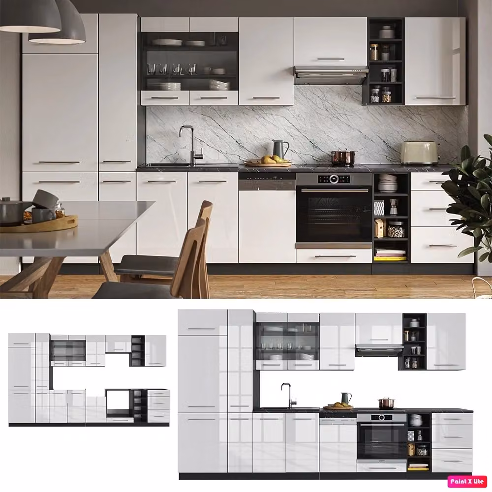 Cucina componibile moderna Fame-Line Vicco Bianco lucido e Antracite con dettagli Rovere, L: 355 cm – 2