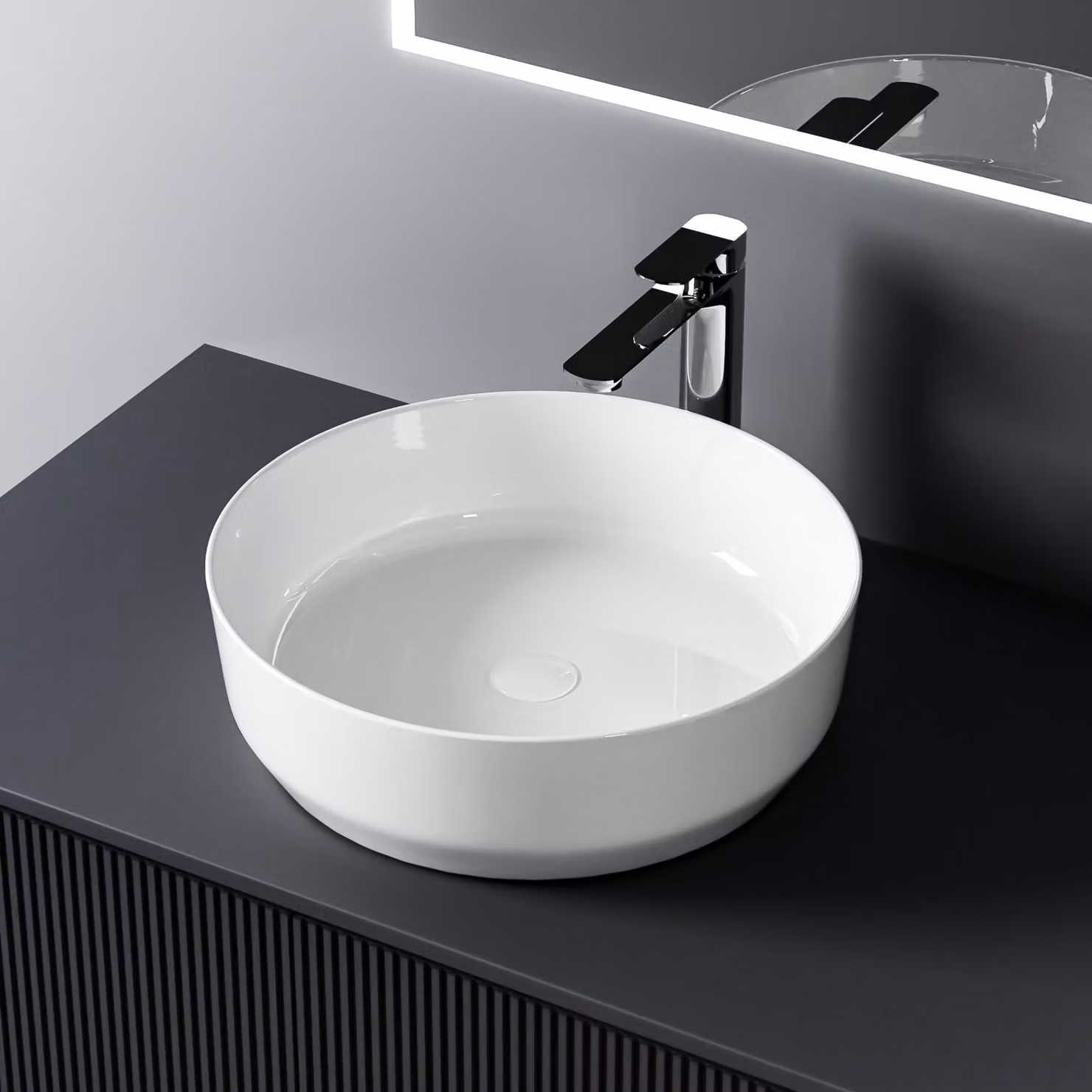 Lavabo da appoggio EMKE rotondo bianco piccolo senza foro per rubinetto lucido 39 x 39 x 12 cm – Lavabo in Vetroceramica per bagni moderni