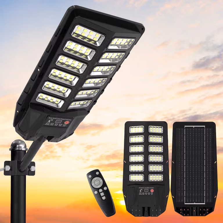 Lampada solare da esterno, 200 W, con sensore di movimento, telecomando, colore nero