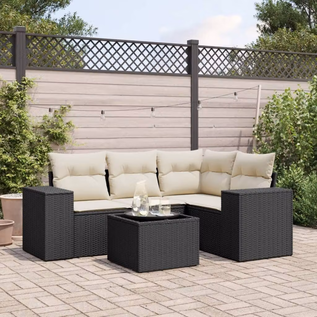 vidaXL Set Divano da Giardino a L 5 pz con Tavolino in Vetro e Cuscini, Nero e Bianco – 1