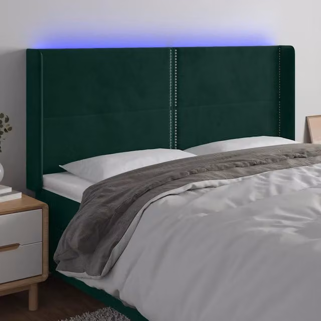 Testiera con LED e porta USB vidaXL in velluto verde, L: 203 cm, P: 16 cm, H: 118-128 cm