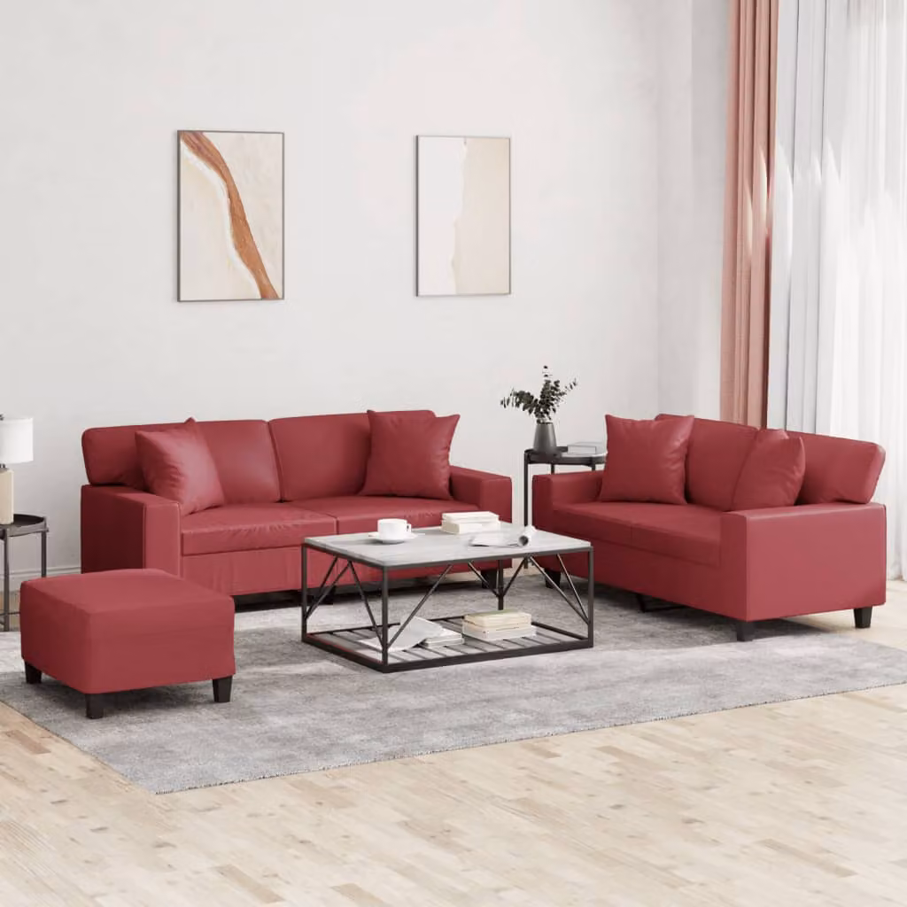 Set di divani 3 pezzi vidaXL in similpelle rossa con cuscini per soggiorno in stile moderno
