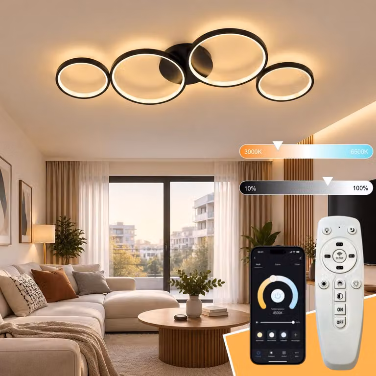 Lampada a soffitto LED moderna, temperatura di colore regolabile da 3000K a 6500K, diametro 88 cm, 4 anelli circolari, 68W, colore nero, dimmerabile, controllo tramite app e telecomando, con timer. Ideale per soggiorno, camera da letto, corridoio, ufficio