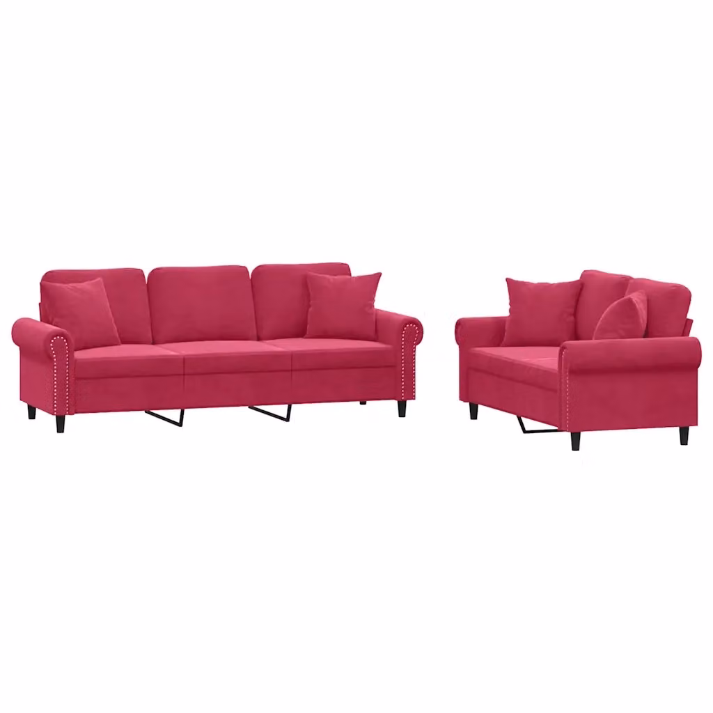 Set di 2 divani vidaXL in velluto rosso con cuscini per soggiorno in stile moderno – 2