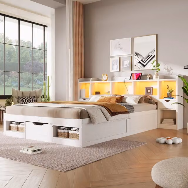 Letto a piattaforma 140x200 cm con vani portaoggetti e LED in MDF e compensato bianco