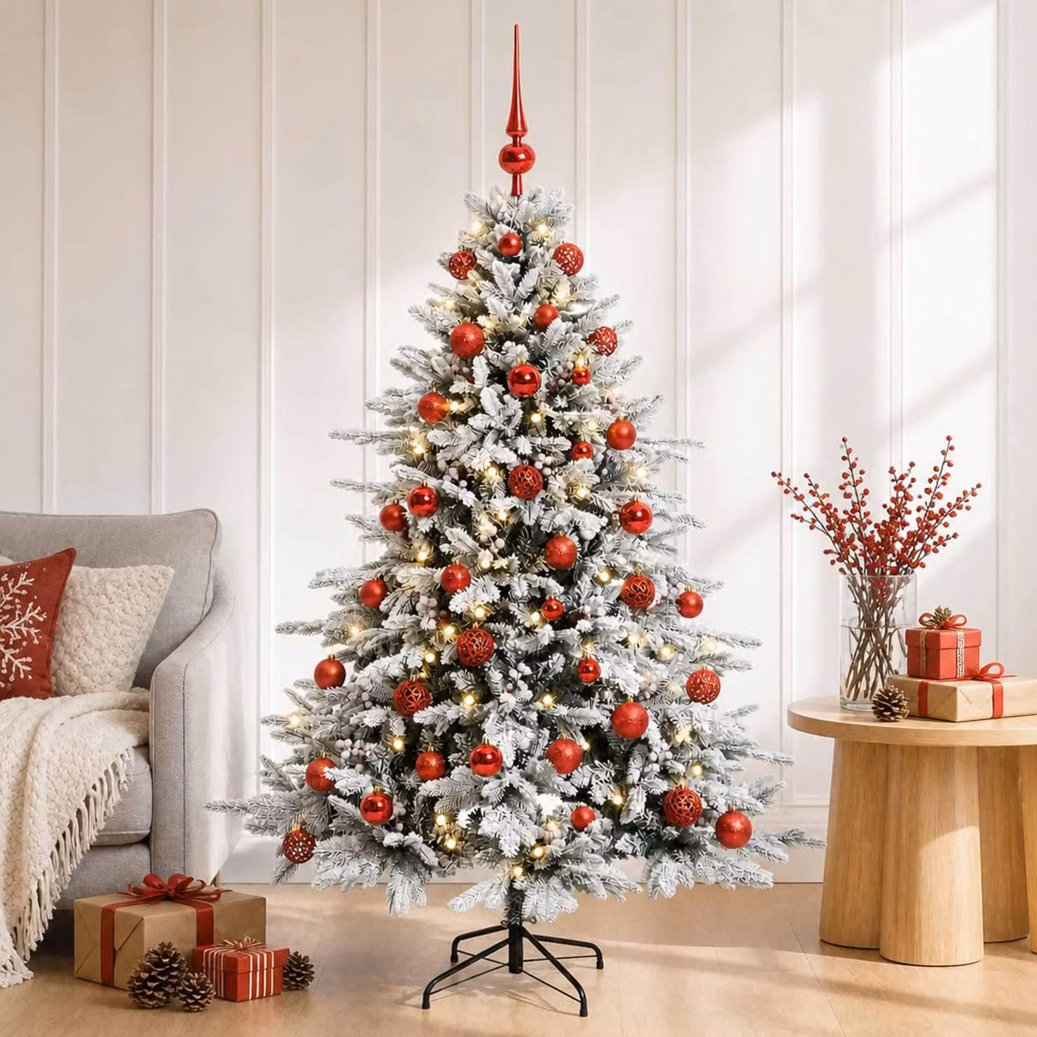 Albero di Natale artificiale con decorazioni a forma di sfera natalizia, altezza 120 cm, con 150 luci a LED