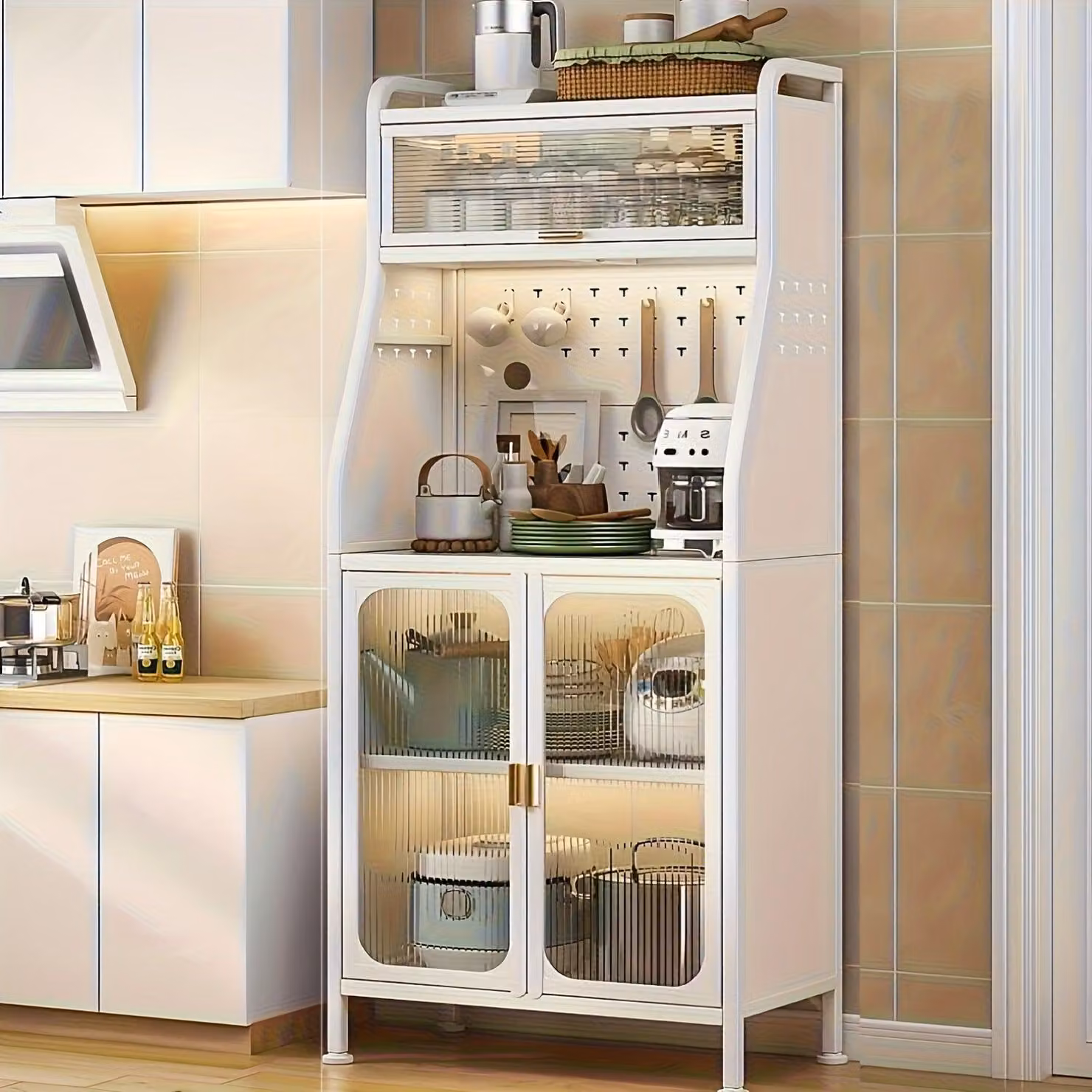 Mobiletti da cucina alti con supporto per microonde - Bianco, ripiani regolabili e ruote
