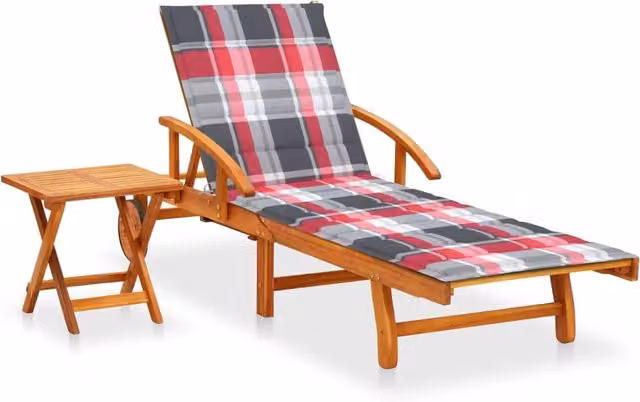 Lettino prendisole Outsunny in legno di acacia con cuscino multicolore e tavolo laterale per esterno