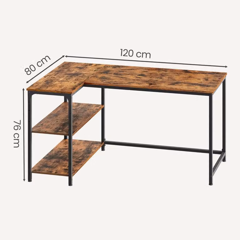 Scrivania con spazio contenitivo, scrivania a L per computer, scaffale regolabile | Marrone | 120x80x76 cm