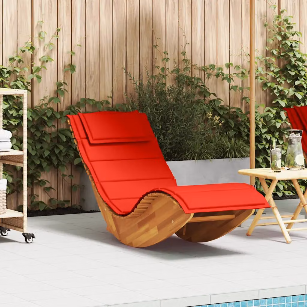 vidaXL Lettino prendisole a dondolo in legno di acacia oliato con cuscino resistente alle intemperie, colore marrone e rosso, L/P/H: 154 x 74 x 60 cm