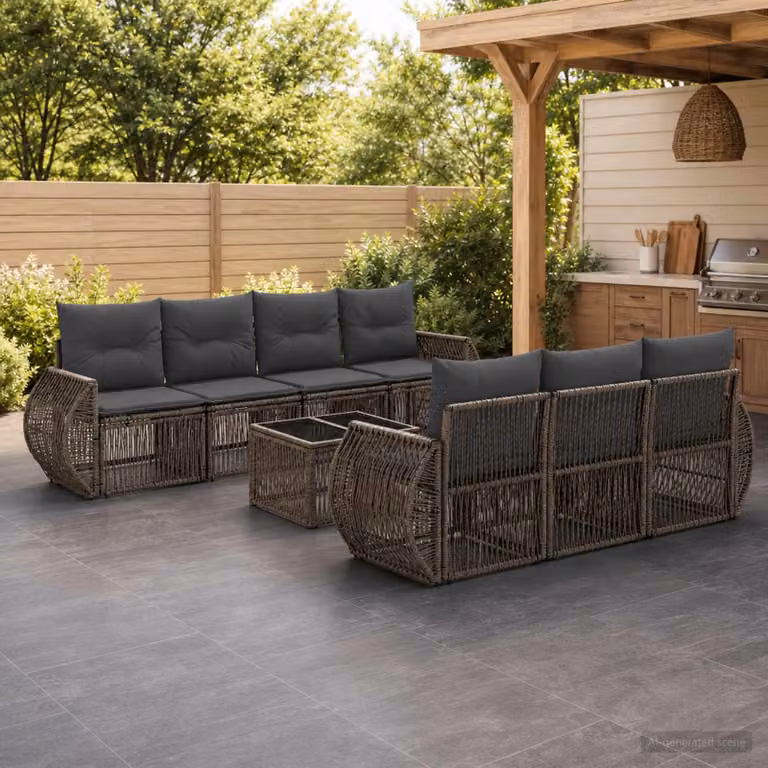 Set Divano da Giardino vidaXL 8 Pezzi Grigio con Poltrona, Divano a 3 Posti e Tavolino da Caffè in Polyrattan e Metallo