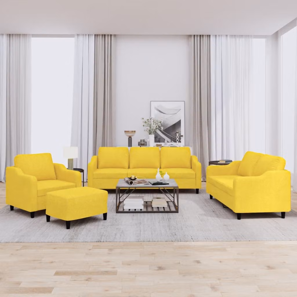 Set di divani vidaXL da 4 pezzi in tessuto giallo con cuscini e pouf per soggiorno – 1