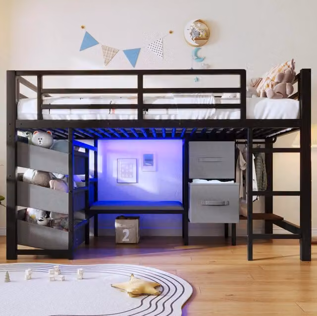 Letto a mezza altezza 90x200 cm in metallo con cuscino seduta, cassetti e tasche contenitive in tessuto, illuminazione LED multicolore, colore nero, senza materasso