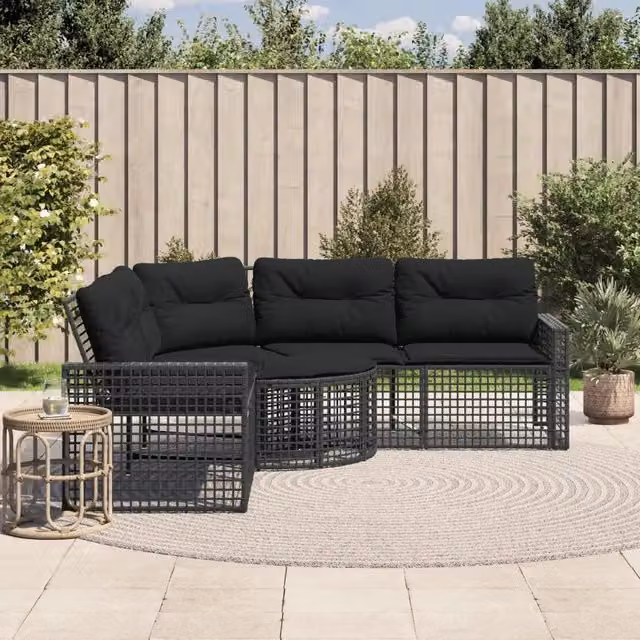 Divano da Giardino a L con Cuscini e Pouf-Sofa da Giardino-Divano da esterno Nero in Polyrattan 980333