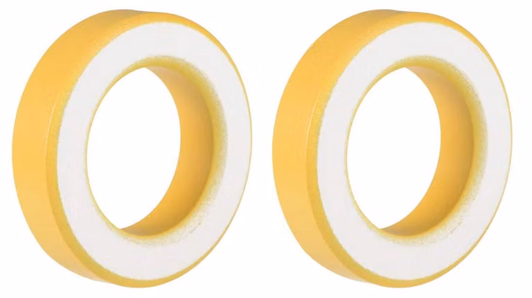 2 nuclei toroidali in ferrite, dimensioni 35,4 x 57,7 x 14 mm, colore giallo e bianco