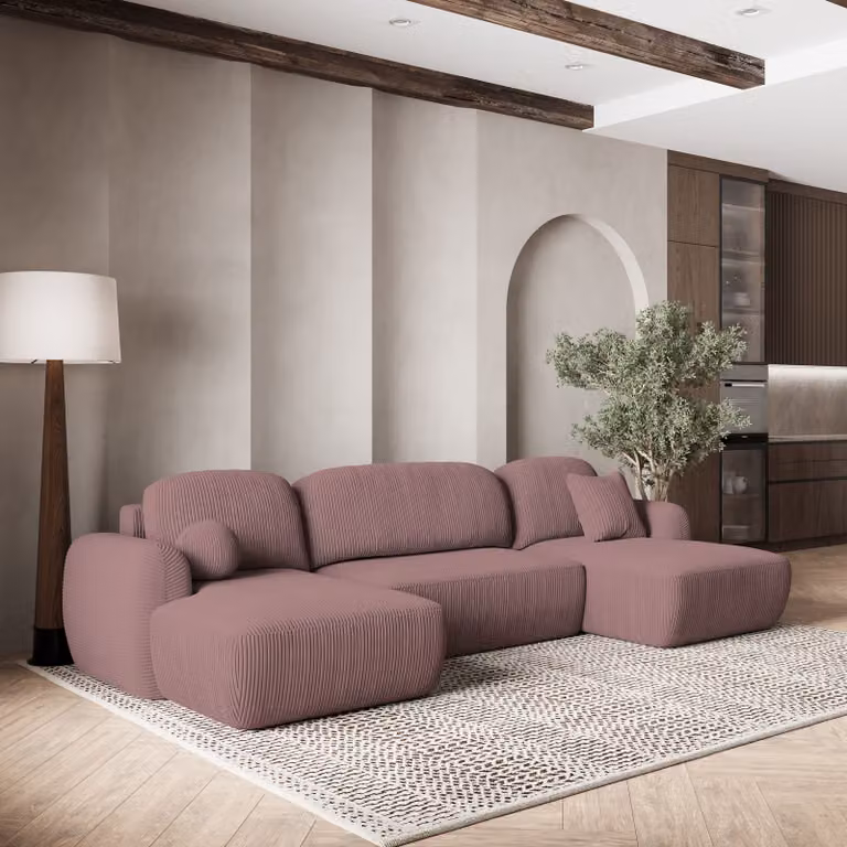 Divano angolare SAVONA P di Masseno con funzione letto a U, divano con box letto, divano da salotto, divano, divano letto, set di divani - viola, POSO 130