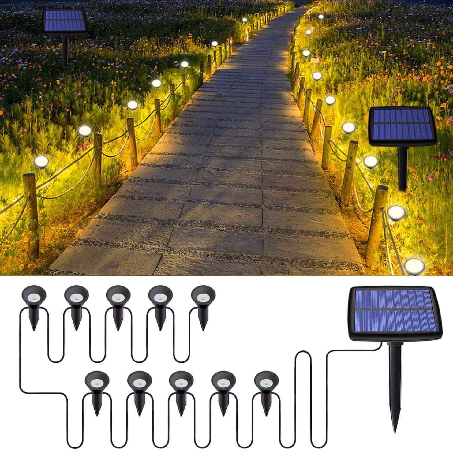 Lampada solare da esterno con 10 LED, grado di protezione IP44, luce bianco caldo a 3000 K, ideale per il giardino