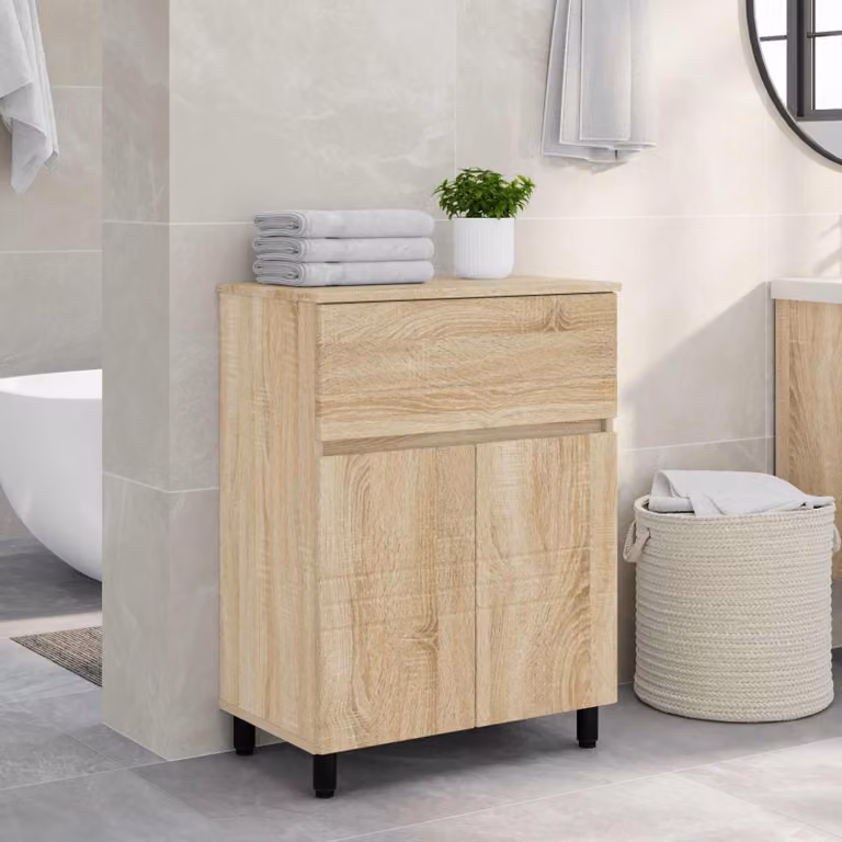 Mobiletto da bagno vidaXL in legno con ante a battente, colore beige e marrone, L/P/H: 60 x 35 x 80 cm