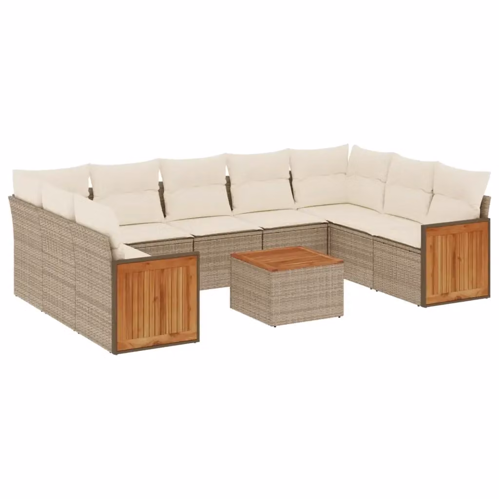 vidaXL Set Divano da Giardino 10 pz a forma di U in Polyrattan con Cuscini Beige e Tavolino da Caffè – 2