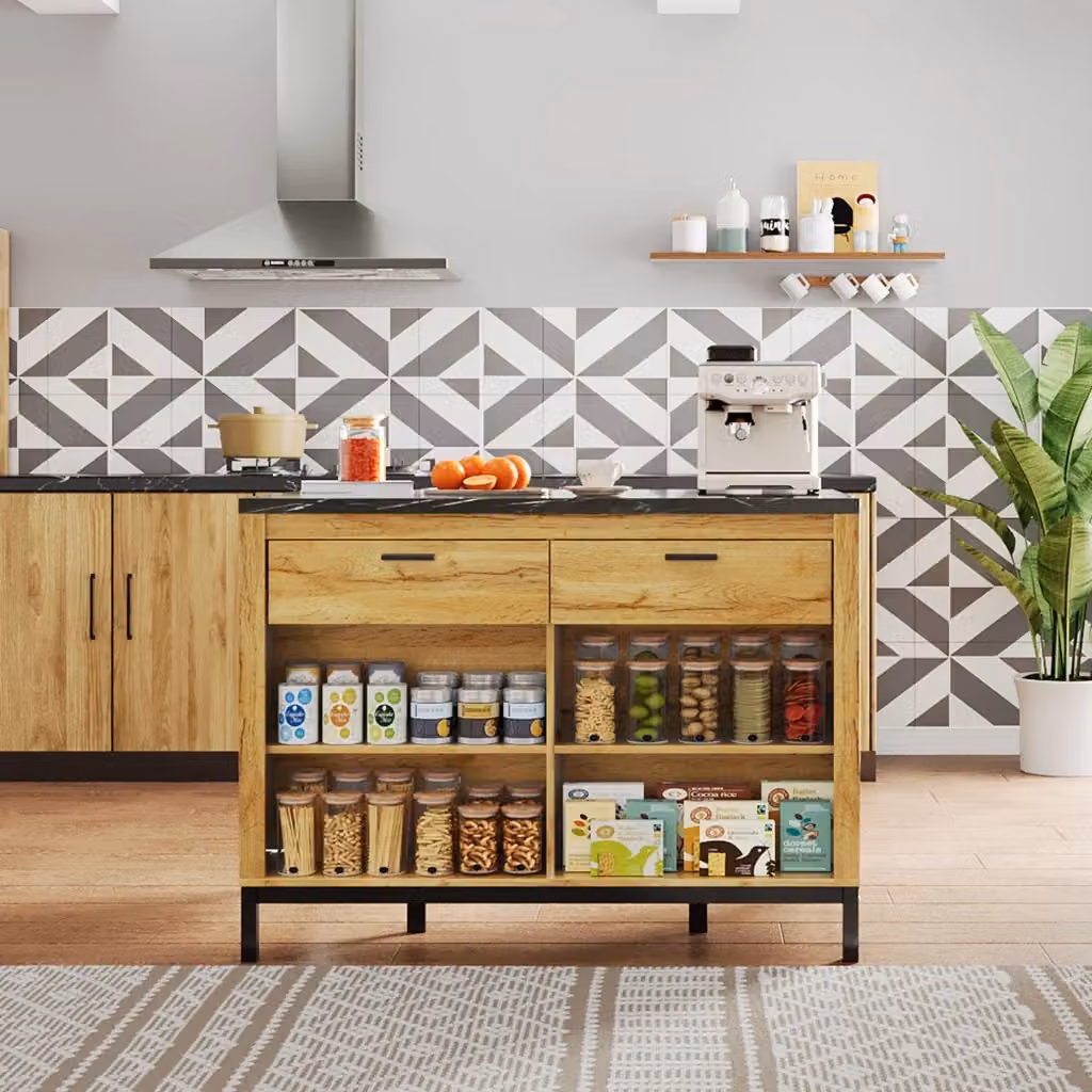 Isola cucina WISHDOR in stile country con 2 cassetti e ripiani a vista, piano effetto marmo nero, colore nero/naturale, L 120 x P 75 x H 90 cm – 2