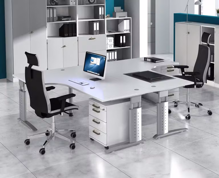 Tavolo angolare serie U | con canalina per cavi inclusa | Base a C | Regolabile in altezza, Colore piano: rovere nodoso, Colore struttura: argento
