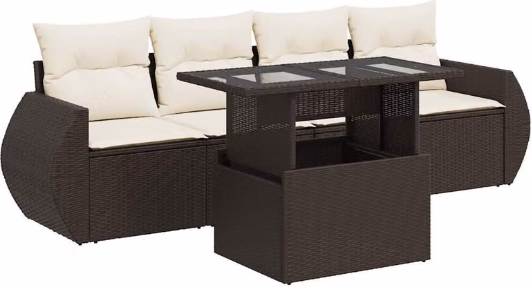 Set Divano da Giardino 5 pz con Cuscini Marrone in Polyrattan