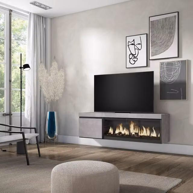 Mobile TV Soggiorno, 158x35x45cm, Per TV fino a 65", Camino elettrico XXL, da appendere, grigio cemento RF3242