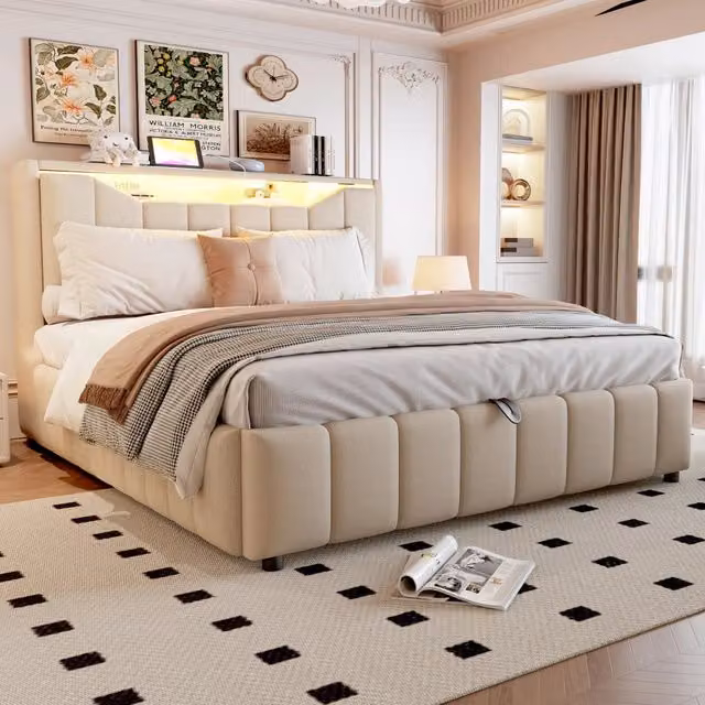 Letto imbottito 140x200 cm con contenitore; LED e porte USB in tessuto beige