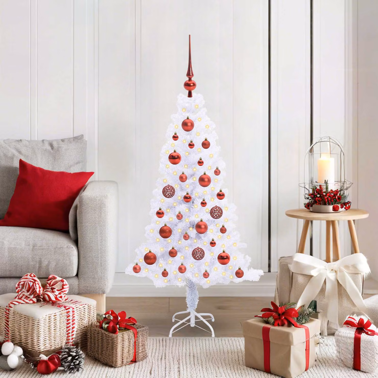 Albero di Natale artificiale con LED vidaXL in PVC e metallo, Bianco e Rosso, stile Minimalista, Altezza: 120 cm