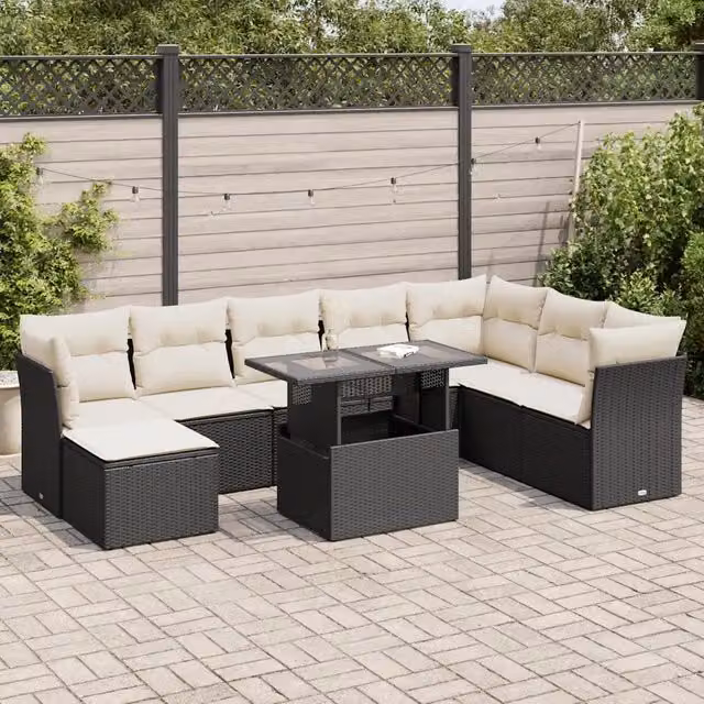 Set Divani da Giardino 9 pz con Cuscini Nero in Polyrattan 3326207