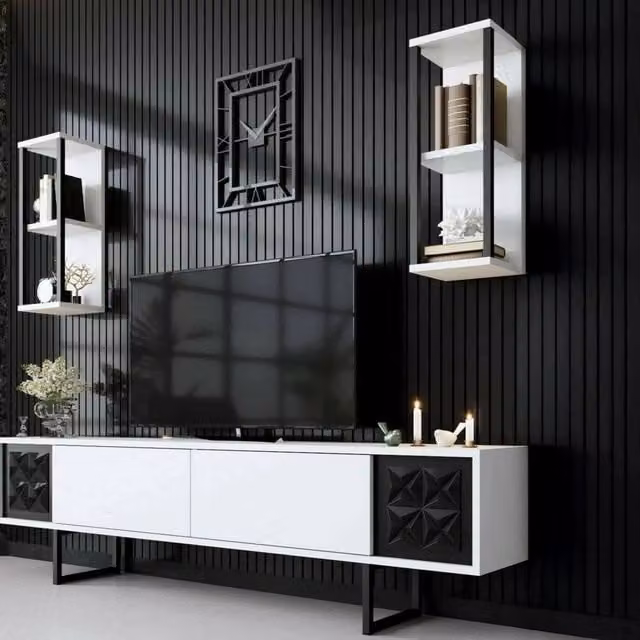 Mobile porta TV Axa DMORA, Credenza moderna per soggiorno in metallo, Bianco e Nero, L: 180 cm, P: 30 cm, H: 48 cm – 1