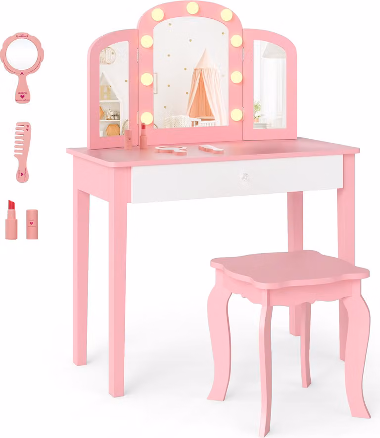 COSTWAY Tavolo da trucco per bambini con sedia e specchio illuminato, scrivania per bambine con cassetto, protezione antiribaltamento, tavolo da trucco per 3-12 anni, rosa