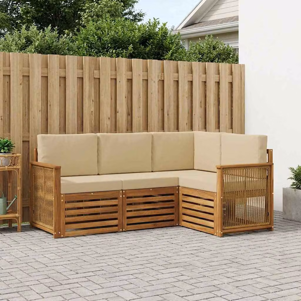 Set di divani da esterno vidaXL 4 pz a forma di L in legno di acacia con cuscini beige e marrone in poliestere resistente ai raggi UV