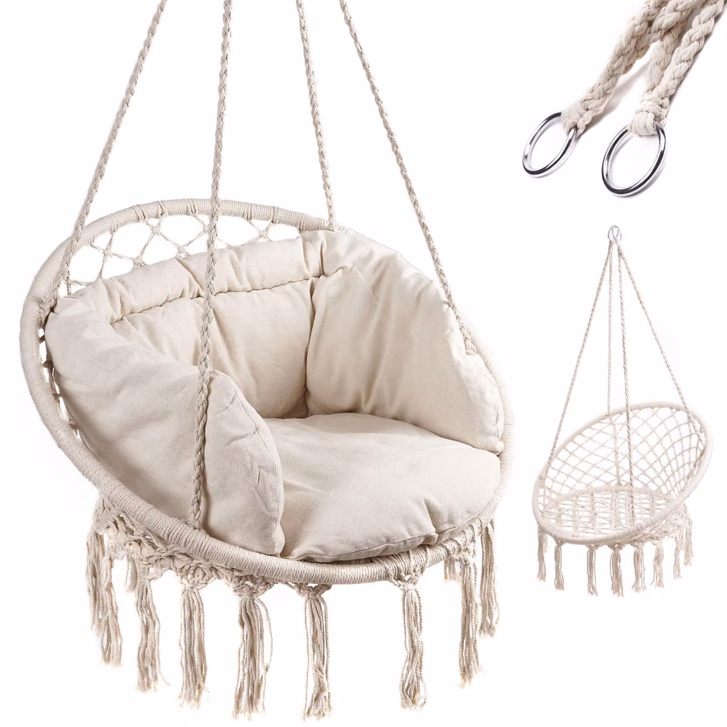 Poltrona nido di cicogna altalena con schienale ecru 80 cm + cuscini