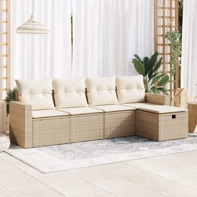 Set Divano da Giardino a L vidaXL in Polyrattan con Cuscini Beige e Struttura in Acciaio, 5 Pezzi