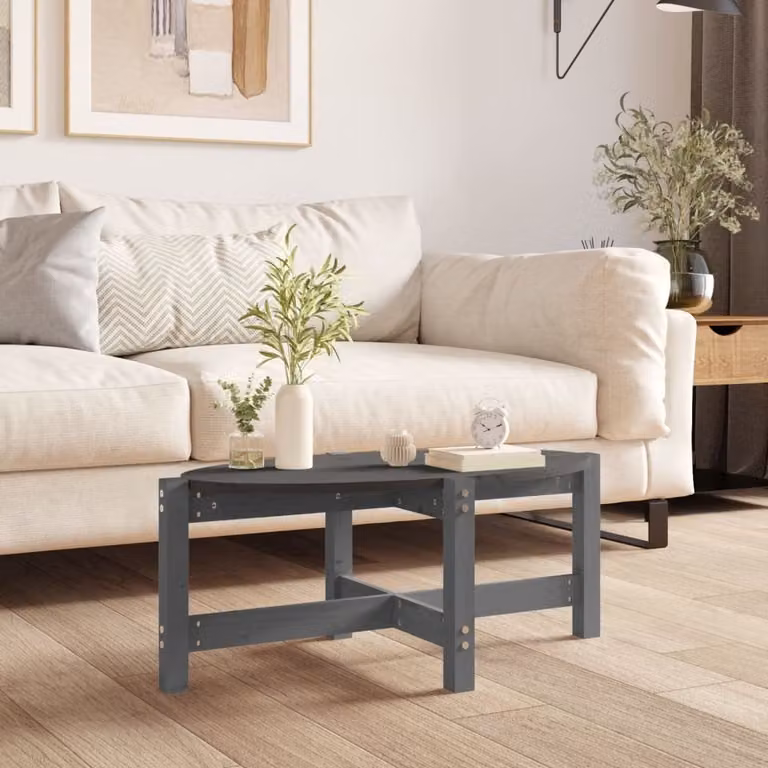 The Living Store Tavolino grigio 87x48x35 cm in legno di pino massiccio